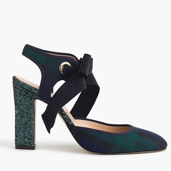 J CREW | Avery Black Watch Tartan Plaid Ankle-Tie Glitter Heels - Picture 2 of 14